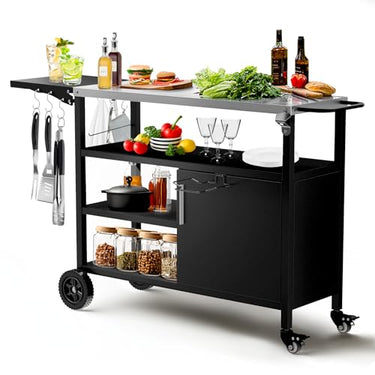 3-Shelf Grill Table for Outside with Removable Tray, Stainless Steel Grill Cart with Foldable Side Table, Movable Outdoor Prep Table, 33" L x 20" W