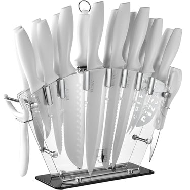 EUNA Kitchen Knife Set, 19 PCS Black Knife Set with Acrylic Block and Sharpener, German High-Carbon Stainless Steel Knife Sets with 6 Serrated Steak Knives, Bread Knife, Chef Knife, Dishwasher Safe