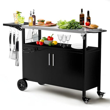 3-Shelf Grill Table for Outside with Removable Tray, Stainless Steel Grill Cart with Foldable Side Table, Movable Outdoor Prep Table, 33" L x 20" W