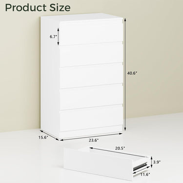 White Wood Dresser for Bedroom, 5 Drawer for Clothes Storage, Modern Dresser with Wide Drawers, Wide Wooden Chest Drawers for Living Room, Entryway, TV Stand