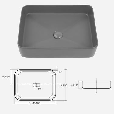 Rectangular Vessel Sink, 19.7"x14.6"Bathroom Vessel Sink Above Counter Matte Ceramic Countertop Deep Bathroom Sink (Gray)