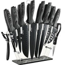 EUNA Kitchen Knife Set, 19 PCS Black Knife Set with Acrylic Block and Sharpener, German High-Carbon Stainless Steel Knife Sets with 6 Serrated Steak Knives, Bread Knife, Chef Knife, Dishwasher Safe
