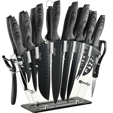 EUNA Kitchen Knife Set, 19 PCS Black Knife Set with Acrylic Block and Sharpener, German High-Carbon Stainless Steel Knife Sets with 6 Serrated Steak Knives, Bread Knife, Chef Knife, Dishwasher Safe