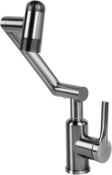 Rotatable Bathroom Faucet, Single Handle Bathroom Faucet with 4 Water Outlet Modes, Bathroom Faucet 1 Hole for Face Washing, Swivel Arm Faucet for Bathroom Kitchen Sink, Brushed Gray