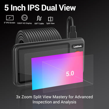 Dual-Lens Borescope, Split View Endoscope Camera with 5" IPS Screen, Inspection Camera, with 32GB Card,Photo & Video(Sound Available) for Plumbing, Auto, Sewer (50FT)