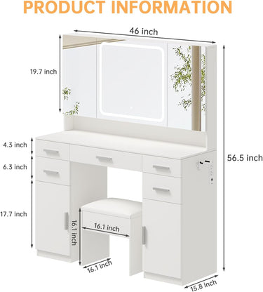 Vanity Desk with Mirror and Lights, Vanity Tables with 7 Drawers, Makeup Vanity with Tri-Folding 3 Colors Lighting Mirror and Cushioned Stool, Big Vanities Perfect for Bedroom, White