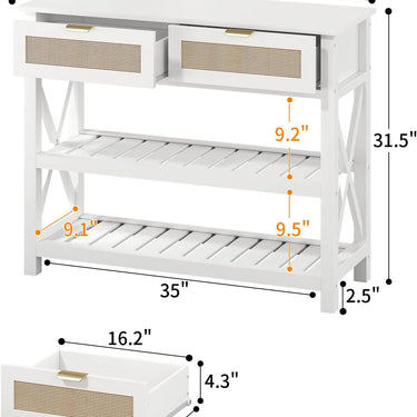 Console Table with 2 Rattan Drawers, Entryway Table with 3-Tier Storage Shelves, Narrow Long Sofa Table for Entryway, Hallway, Foyer and Living Room, White