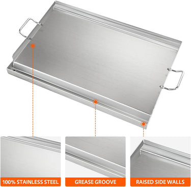 LotFun 23" x 16" Stainless Steel Cooking Griddle for Outdoor Gas Grill, Universal Griddle Flat Top Plate Insert with Grease Groove and Removable Handles for Electric/Charcoal/Gas Grill, Camping,Party