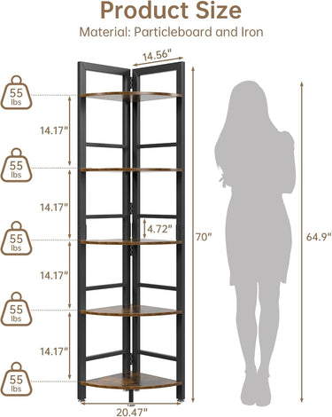 OtterOsis 5-Tier Corner Shelf with LED Light, 70” Tall Corner Bookshelf, Plant Shelf, Wood Display Shelf for Living Room, Bedroom, Balcony, Kitchen (Brown)