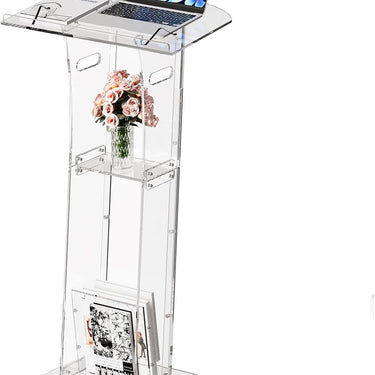 Acrylic Podium Stand，49“ Tall Portable Podium with Lockable Wheels, Clear lecterns & Podium with Storage Shelf for Classroom, Pulpit Podium for Church,Wedding,Presentation
