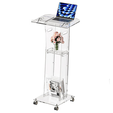 Acrylic Podium Stand，49“ Tall Portable Podium with Lockable Wheels, Black lecterns & Podium with Storage Shelf for Classroom, Pulpit Podium for Church,Wedding,Presentation