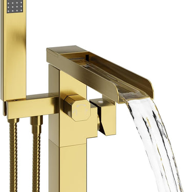 Waterfall Free Standing Tub Faucet, High Pressure Floor Mount Bathtub Faucet, Brass Tub Filler with Hand Shower, High Flow Rate Max 7.4 GPM, Swivel Spout with 2 Water Modes