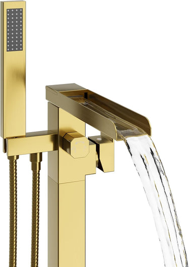 Waterfall Free Standing Tub Faucet, High Pressure Floor Mount Bathtub Faucet, Brass Tub Filler with Hand Shower, High Flow Rate Max 7.4 GPM, Swivel Spout with 2 Water Modes