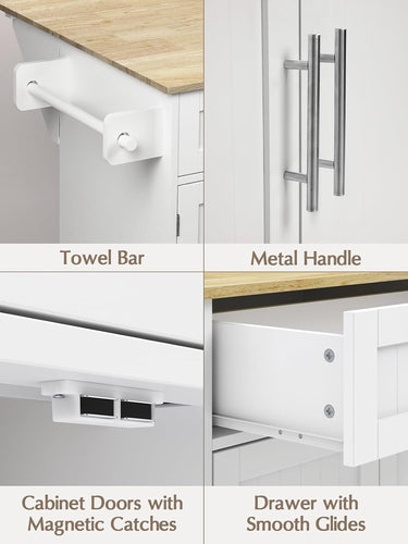 Kitchen Island with Storage, 31.5" D Rolling Kitchen Island Cart on Wheels with Widen Drop Leaf Rubberwood Top, Large Mobile Kitchen Island with Trash Can Storage and Towel Bar, White