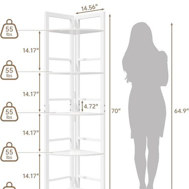 Corner Shelf Stand, 5-Tier Corner Shelf with LED Light, 70 Inch Tall Display Shelf for Living Room, Bedroom, Bookshelf, Industrial Shelf with Steel Frame, Plant Shelf (White)