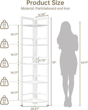 Corner Shelf Stand, 5-Tier Corner Shelf with LED Light, 70 Inch Tall Display Shelf for Living Room, Bedroom, Bookshelf, Industrial Shelf with Steel Frame, Plant Shelf (White)