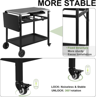 3-Shelf Grill Table for Outside with Removable Tray, Stainless Steel Grill Cart with Foldable Side Table, Movable Outdoor Prep Table, 33" L x 20" W