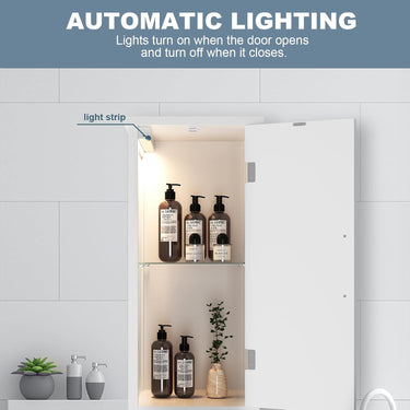 67“ Tall Bathroom Storage Cabinet with Lights, Slim Narrow Bathroom Cabinet Organizer with Doors and Adjustable Shelves, Freestanding Towel Cabinet for Small Space,White