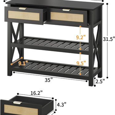 Console Table with 2 Rattan Drawers, Entryway Table with 3-Tier Storage Shelves, Narrow Long Sofa Table for Entryway, Hallway, Foyer and Living Room, Black
