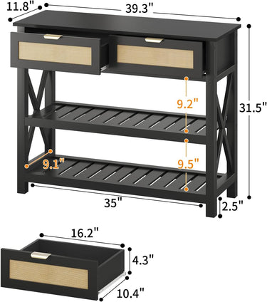 Console Table with 2 Rattan Drawers, Entryway Table with 3-Tier Storage Shelves, Narrow Long Sofa Table for Entryway, Hallway, Foyer and Living Room, Black