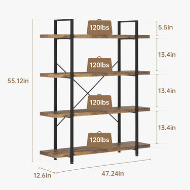 Bookshelf, 4 Tier Book Shelf, Industrial Bookcase for Home and Office, 47" Length Wide Wood Standing Bookshelf Display Open Shelving Rack, Rustic Horizontal Shelves for Living Room Bedroom