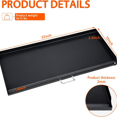 LotFun 32" x 15" Carbon Steel Cooking Griddle for Outdoor Gas Grill, Universal Griddle Flat Top Plate Insert with Grease Groove and Removable Handles for Electric/Charcoal/Gas Grill, Camping,Party