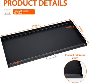 LotFun 32" x 15" Carbon Steel Cooking Griddle for Outdoor Gas Grill, Universal Griddle Flat Top Plate Insert with Grease Groove and Removable Handles for Electric/Charcoal/Gas Grill, Camping,Party