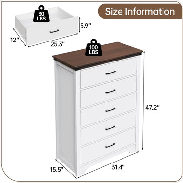 Farmhouse 5 Drawer Dresser for Bedroom, 47" Tall Chest of Drawers, Wood White Dresser with Deep Drawers, Storage Dressers Organizer for Bedroom, Living Room, Hallway