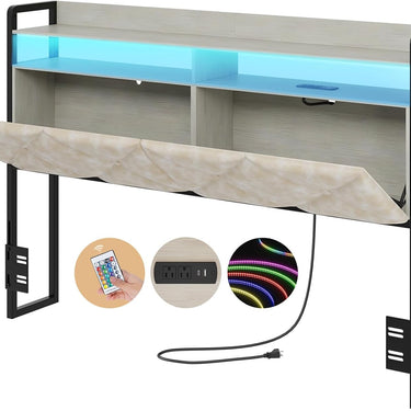 Headboard Queen Size with 2-Tier Open Space and Pull-Out Hidden Storage, Upholstered Headboard with Charging Station, Height Adjustable Sturdy Queen Bed Head Only, Easy Assembly, Ivory