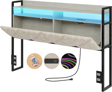 Headboard Queen Size with 2-Tier Open Space and Pull-Out Hidden Storage, Upholstered Headboard with Charging Station, Height Adjustable Sturdy Queen Bed Head Only, Easy Assembly, Ivory