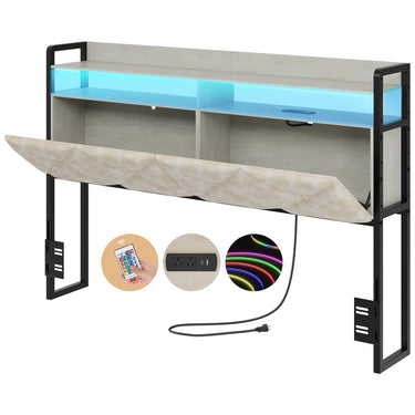 Headboard Queen Size with 2-Tier Open Storage and LED Light, Upholstered Headboard with Charging Station, Height Adjustable Sturdy Queen Bed Head Only for Dorm Bedroom, Easy Assembly, Black