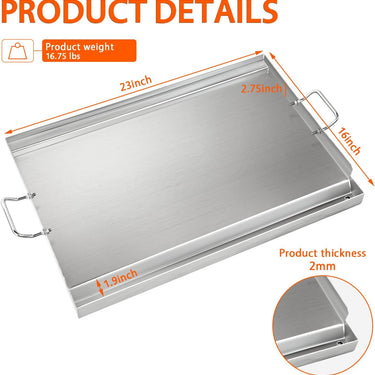 LotFun 23" x 16" Stainless Steel Cooking Griddle for Outdoor Gas Grill, Universal Griddle Flat Top Plate Insert with Grease Groove and Removable Handles for Electric/Charcoal/Gas Grill, Camping,Party