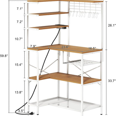 L-Shaped Bakers Rack with Power Outlet, 6-Tier Microwave Stand with Open Storage, Coffee Bar with Hooks, Mesh Grid, Kitchen Shelf with Wire Basket, White