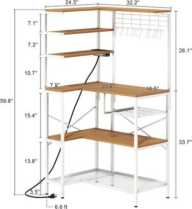 L-Shaped Bakers Rack with Power Outlet, 6-Tier Microwave Stand with Open Storage, Coffee Bar with Hooks, Mesh Grid, Kitchen Shelf with Wire Basket, White