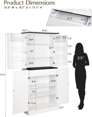 72" Tall Pantry Cabinet, 31.5" W Larger Farmhouse Kitchen Pantry Cabinet with Barn Doors, Hidden Drawer and 4 Shelves, Wood Versatile Storage Cabinet for Kitchen, Dining Room, Living Room