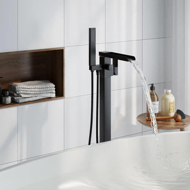 Waterfall Free Standing Tub Faucet, High Pressure Floor Mount Bathtub Faucet, Brass Tub Filler with Hand Shower, High Flow Rate Max 7.4 GPM, Swivel Spout with 2 Water Modes