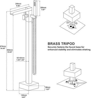 Waterfall Free Standing Tub Faucet, High Pressure Floor Mount Bathtub Faucet, Brass Tub Filler with Hand Shower, High Flow Rate Max 7.4 GPM, Swivel Spout with 2 Water Modes