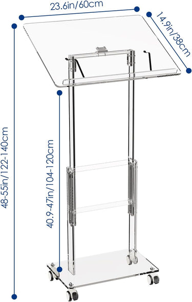 Acrylic Podium Stand,49"H Rolling Podium with Lockable Wheels,Height & Angle Adjustable Lecterns & Podiums, Portable Podium for Classroom,Teachers,Pulpits for Churches,Speech, Clear