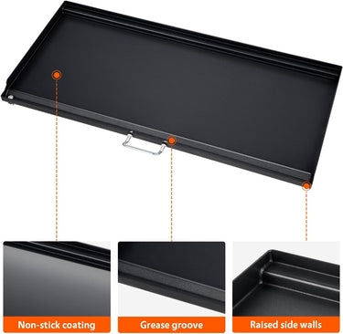 LotFun 32" x 15" Carbon Steel Cooking Griddle for Outdoor Gas Grill, Universal Griddle Flat Top Plate Insert with Grease Groove and Removable Handles for Electric/Charcoal/Gas Grill, Camping,Party