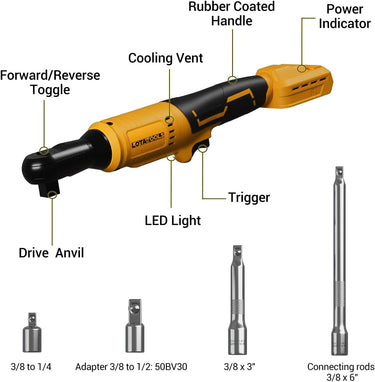 Electric Cordless Ratchet 3/8", 45lb-ft Electric Ratchet Wrench, Brushless Square Drive Electric Wrench with Extension Bar, 1/4" Adapter & 3" Extension Bar Compatible with DEWALT Battery(Tool Only)