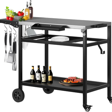3-Shelf Grill Table for Outside with Removable Tray, Stainless Steel Grill Cart with Foldable Side Table, Movable Outdoor Prep Table, 33" L x 20" W