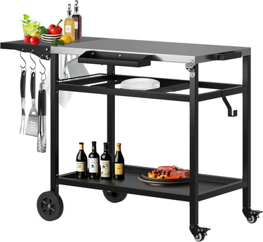 3-Shelf Grill Table for Outside with Removable Tray, Stainless Steel Grill Cart with Foldable Side Table, Movable Outdoor Prep Table, 33" L x 20" W