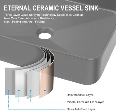 Rectangular Vessel Sink, 19.7"x14.6"Bathroom Vessel Sink Above Counter Matte Ceramic Countertop Deep Bathroom Sink (Gray)