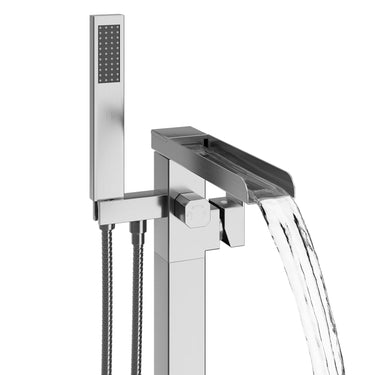 Waterfall Free Standing Tub Faucet, High Pressure Floor Mount Bathtub Faucet, Brass Tub Filler with Hand Shower, High Flow Rate Max 7.4 GPM, Swivel Spout with 2 Water Modes