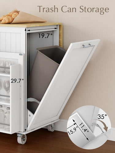 Kitchen Island with Storage, 31.5" D Rolling Kitchen Island Cart on Wheels with Widen Drop Leaf Rubberwood Top, Large Mobile Kitchen Island with Trash Can Storage and Towel Bar, White