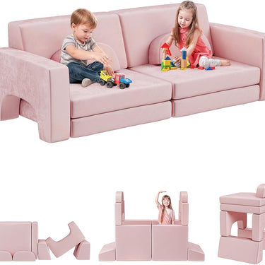 Modular Kids Play Couch 10PCS, Kids Couch 3s Instant Inflating, Nugget Couch Kids for Boys and Girls, Creative and Convertible Kids Couch for Playroom, Bedroom, Classroom, Pink