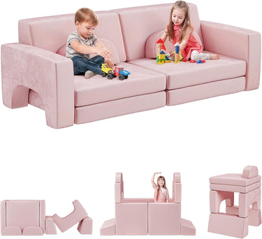 Modular Kids Play Couch 10PCS, Kids Couch 3s Instant Inflating, Nugget Couch Kids for Boys and Girls, Creative and Convertible Kids Couch for Playroom, Bedroom, Classroom, Pink