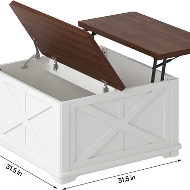 Farmhouse Lift Top Coffee Table, Square Coffee Table with Large Hidden Storage Compartment for Living Room, Wooden Coffee Tables with Brown Flip-Top Lids for Home Office, White