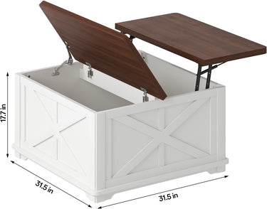 Farmhouse Lift Top Coffee Table, Square Coffee Table with Large Hidden Storage Compartment for Living Room, Wooden Coffee Tables with Brown Flip-Top Lids for Home Office, White