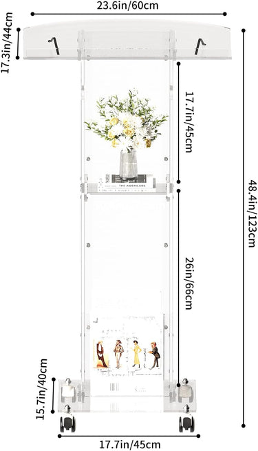 Acrylic Podium Stand，49“ Tall Portable Podium with Lockable Wheels, Clear lecterns & Podium with Storage Shelf for Classroom, Pulpit Podium for Church,Wedding,Presentation